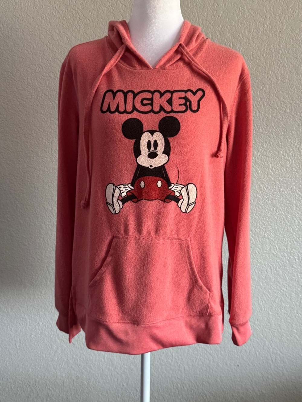 DISNEY Mickey Mouse Pullover Hooded Flannel Sweatshirt Y2K Pink Vintage Size MED